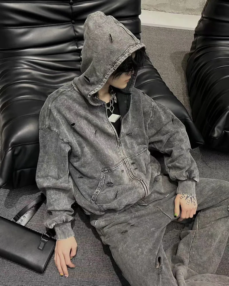 Distressed Washed Zip-Up Hoodie