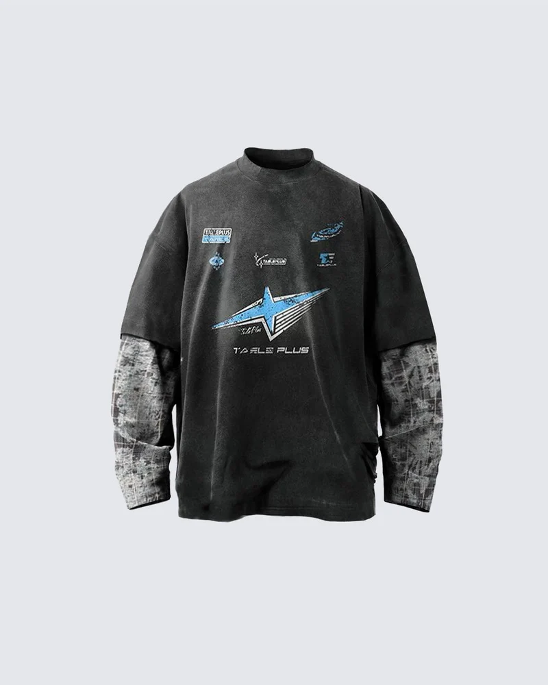Streetwear Vintage Washed Layered Graphic Hoodie