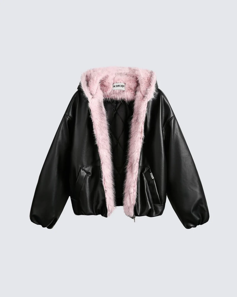 PU Leather Fur Collar Hooded Jacket