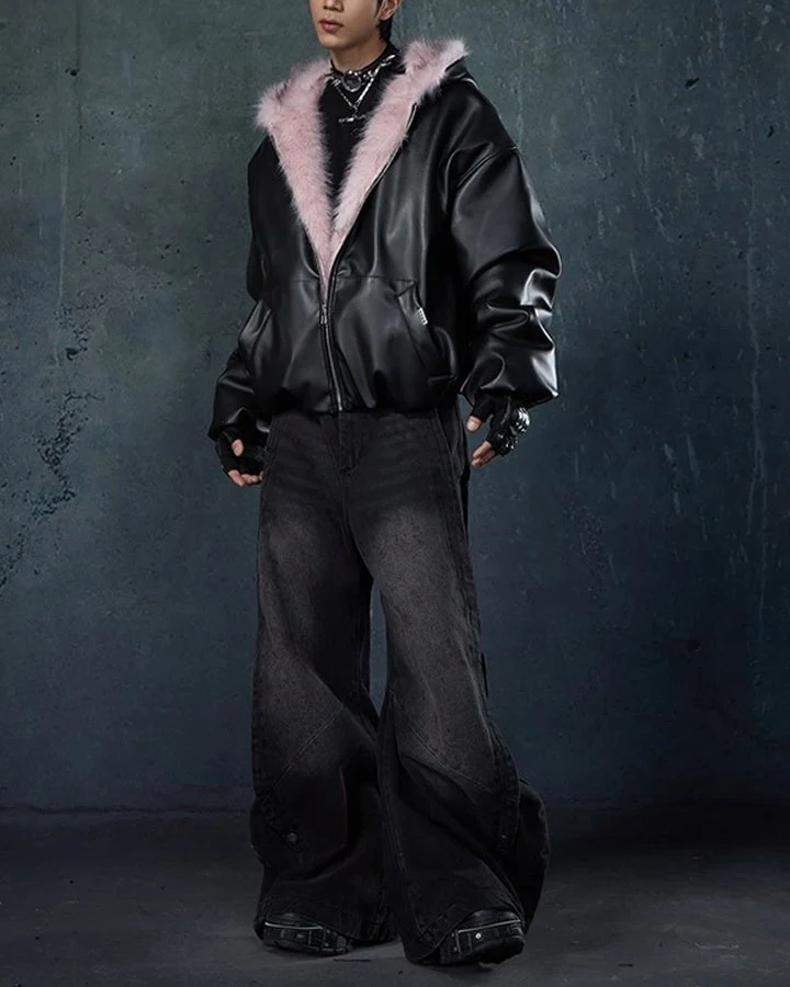 PU Leather Fur Collar Hooded Jacket