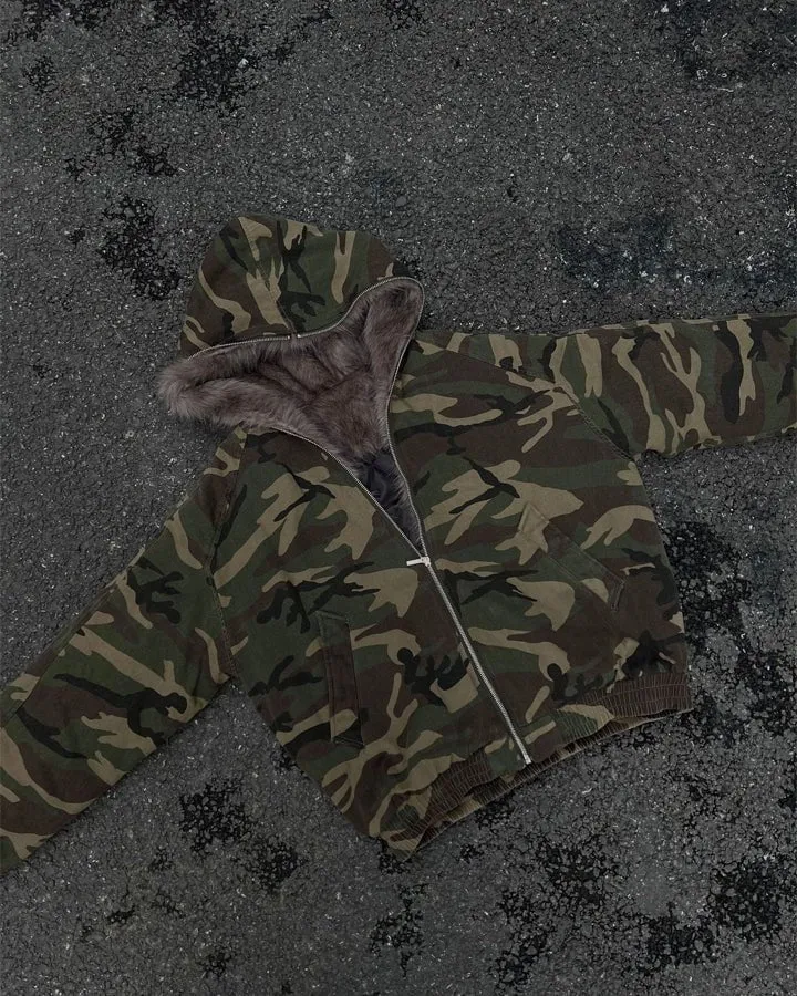 Camouflage Faux Fur Lined Hooded Jacket