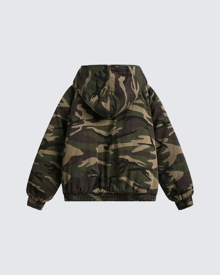 Camouflage Faux Fur Lined Hooded Jacket