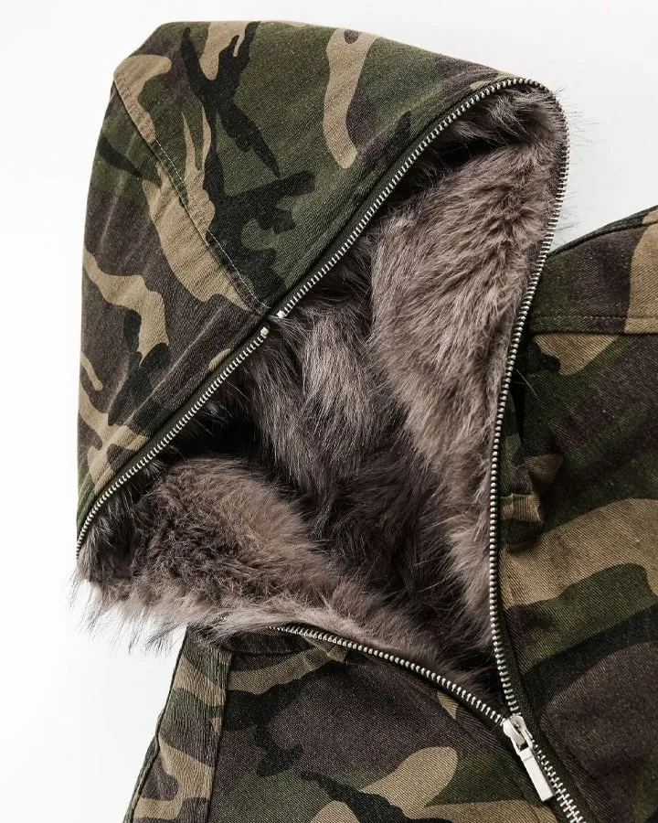 Camouflage Faux Fur Lined Hooded Jacket