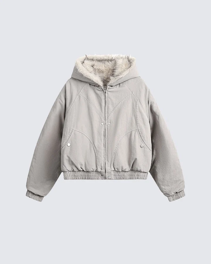 Structured Faux Fur Collar Padded Hooded Jacket