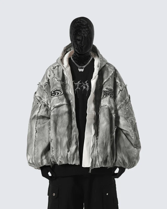 Distressed Embroidered Padded Hooded Jacket