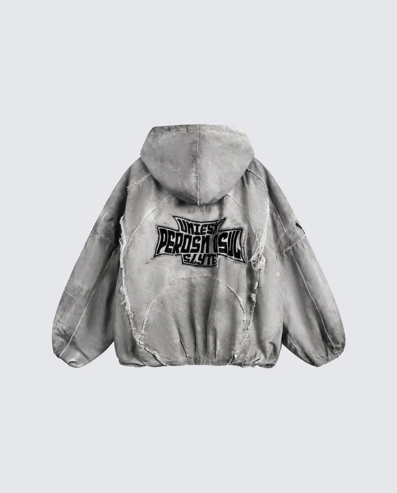 Distressed Embroidered Padded Hooded Jacket