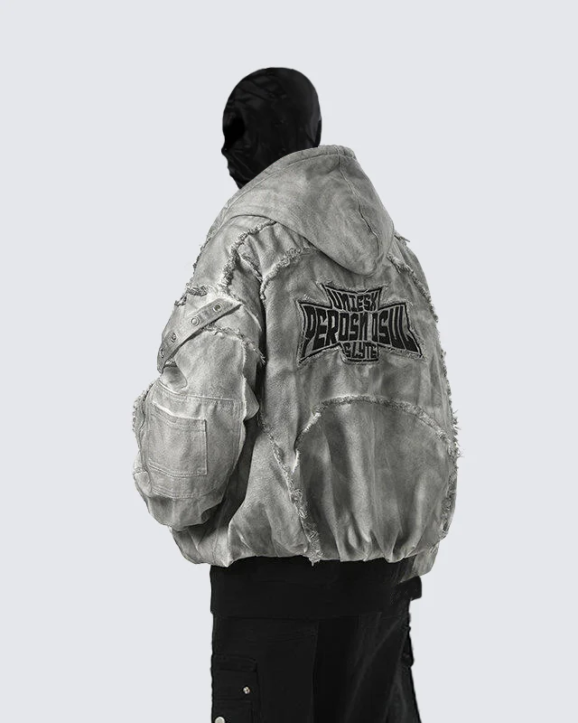 Distressed Embroidered Padded Hooded Jacket