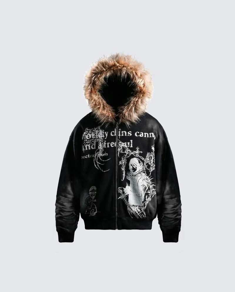 Vintage Zipper Faux Fur Hoodie