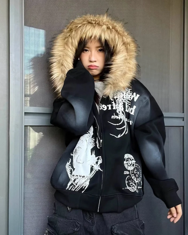 Vintage Zipper Faux Fur Hoodie