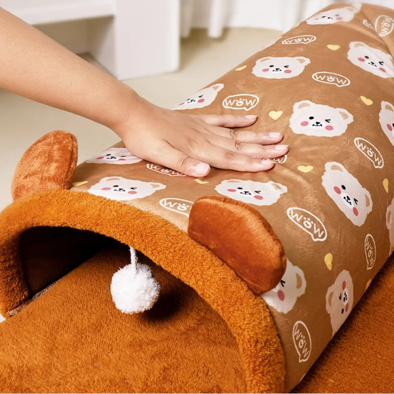Katzentunnel, Braun und Grau Bärenohren Plüsch, Zipper Design, Abnehmbar & Waschbar - 3 Größen für Katzen jeden Körperform