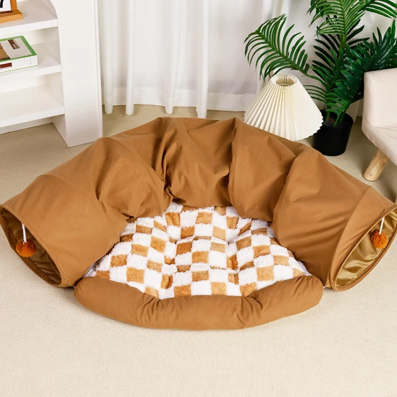 Katzentunnel, Kuschelige Katzenbett in zwei Farben, Abnehmbar Zipper Plüschkissen, Winterfester, für Spielen & Ausruhen