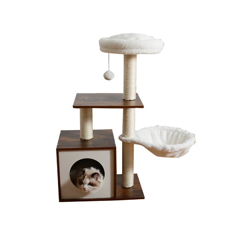 Hochwertiger Katzenbaum, Kratzbaum mit Katzenhöhle aus Holz, 2 Plüsch Katzenbetten, 90 cm hoher, vintagebraun und Beige