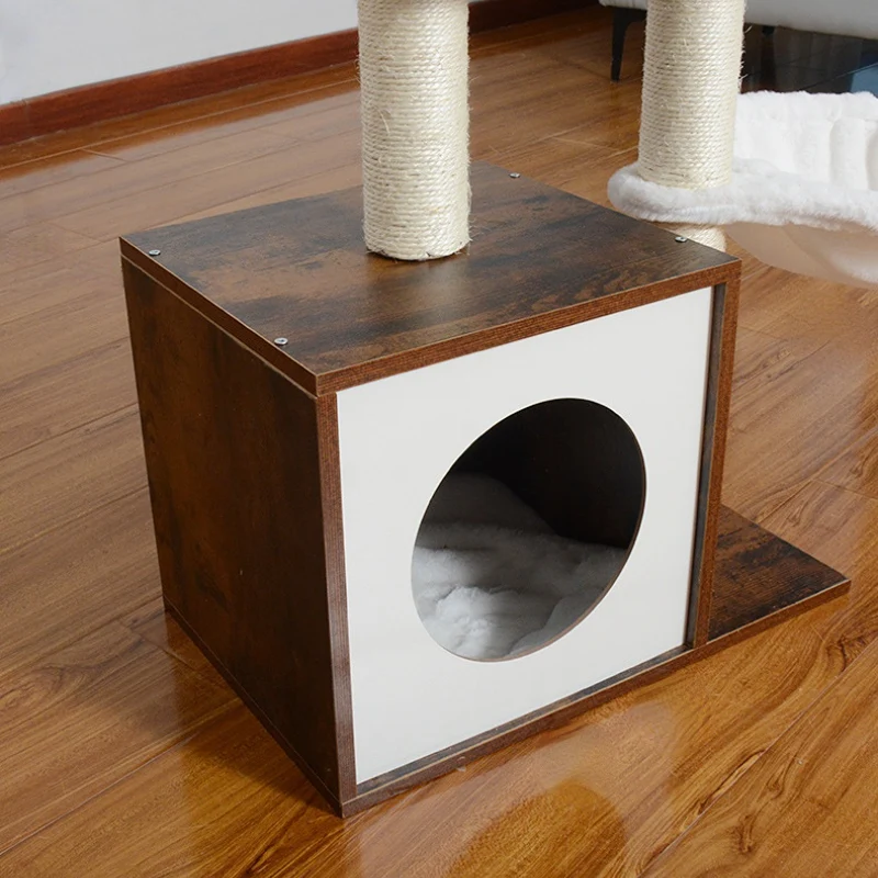 Hochwertiger Katzenbaum, Kratzbaum mit Katzenhöhle aus Holz, 2 Plüsch Katzenbetten, 90 cm hoher, vintagebraun und Beige