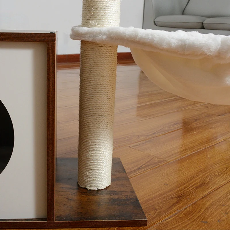 Hochwertiger Katzenbaum, Kratzbaum mit Katzenhöhle aus Holz, 2 Plüsch Katzenbetten, 90 cm hoher, vintagebraun und Beige