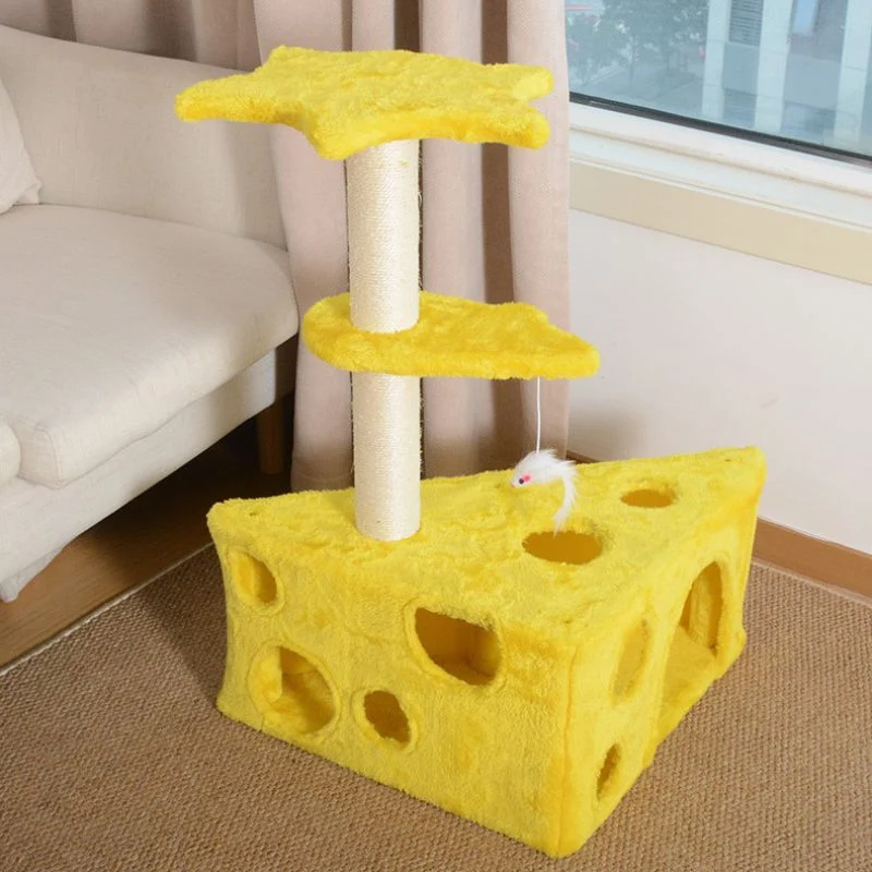 Katzen Baum, kreativem Käse Design, Katzen Baum mit Maus Plüschtier, platzsparend, 73cm, Gelb