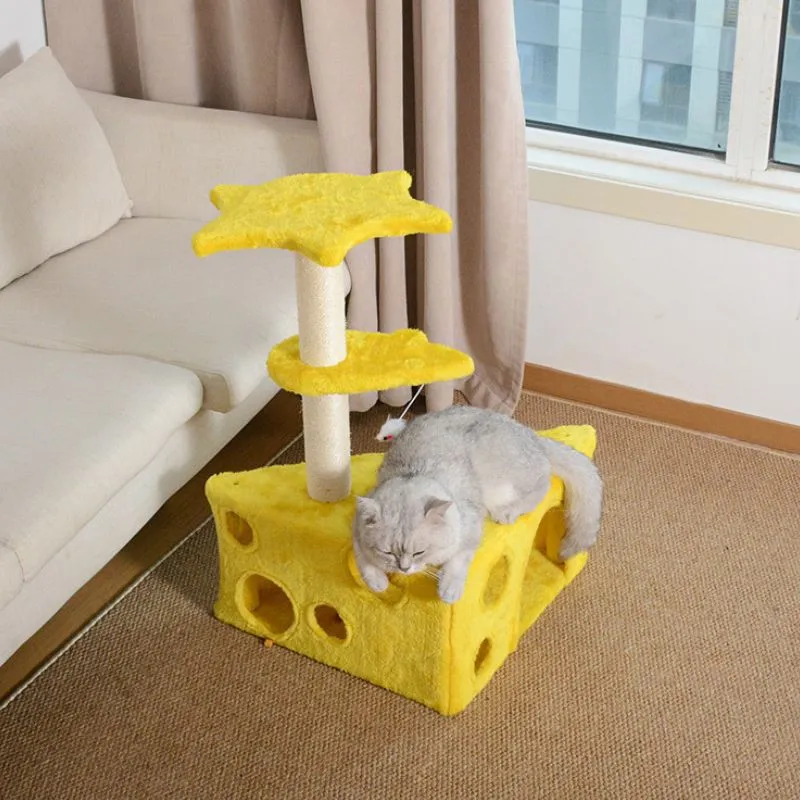 Katzen Baum, kreativem Käse Design, Katzen Baum mit Maus Plüschtier, platzsparend, 73cm, Gelb