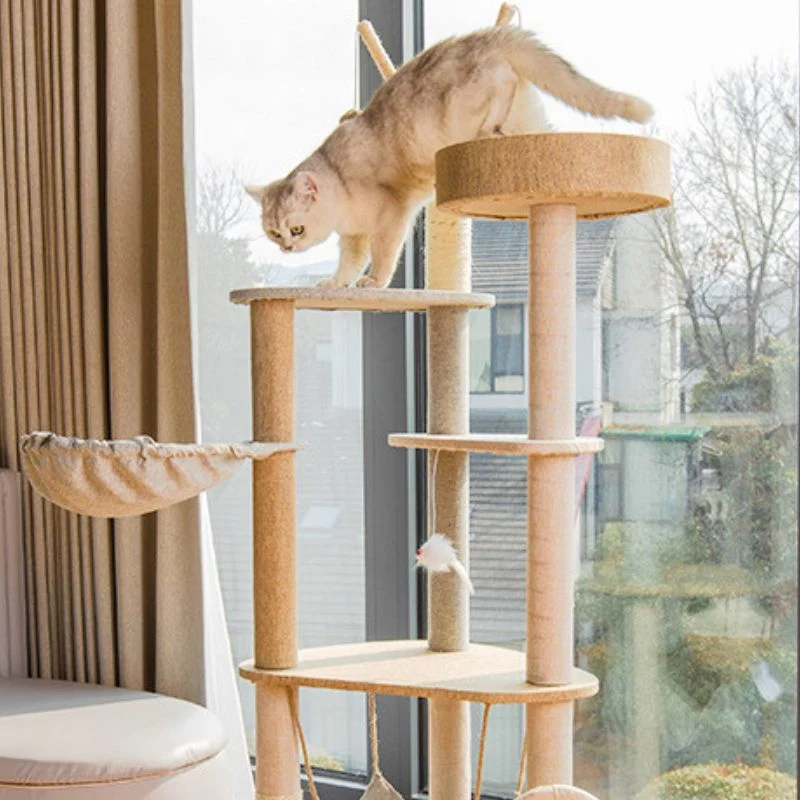 Katzenbaum für 2 Katzen, Katzenhaus und Kratzbaum in Einem, Großer Katzenbaum mit Spielzeugbällen, Beige