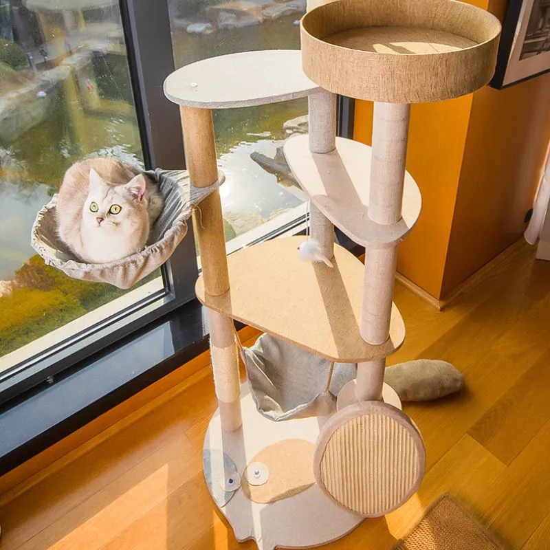 Katzenbaum für 2 Katzen, Katzenhaus und Kratzbaum in Einem, Großer Katzenbaum mit Spielzeugbällen, Beige