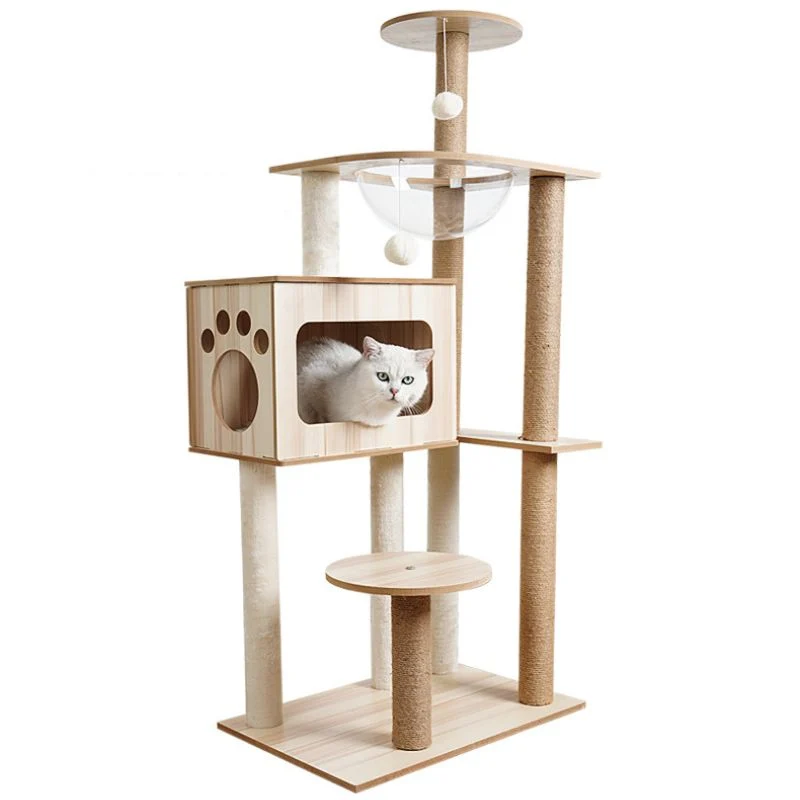 Katzenbaum Stabil, Katzenkratzbaum aus Holz für Katzen, Robustes Kratzmöbel mit Höhle, Natur, 135 cm Höhe