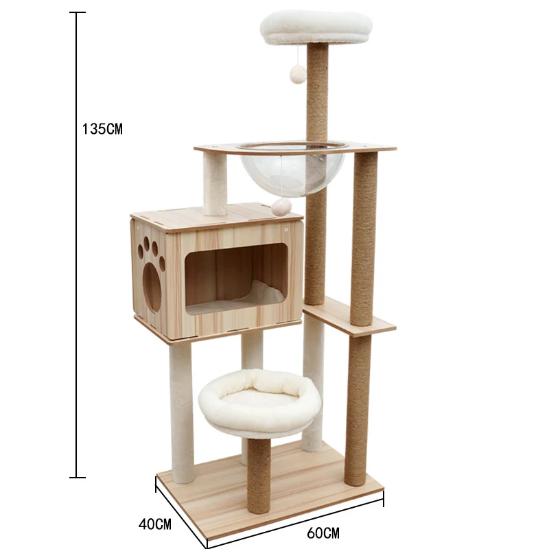 Katzenbaum Stabil, Katzenkratzbaum aus Holz für Katzen, Robustes Kratzmöbel mit Höhle, Natur, 135 cm Höhe