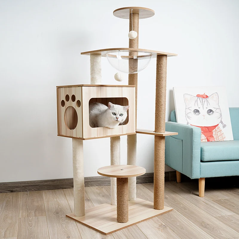 Katzenbaum Stabil, Katzenkratzbaum aus Holz für Katzen, Robustes Kratzmöbel mit Höhle, Natur, 135 cm Höhe