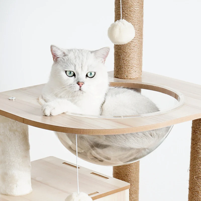 Katzenbaum Stabil, Katzenkratzbaum aus Holz für Katzen, Robustes Kratzmöbel mit Höhle, Natur, 135 cm Höhe