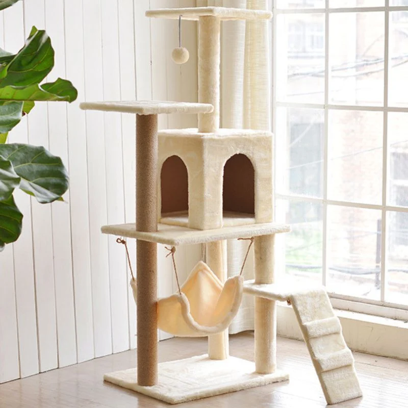 Katzenbaum, 3-in-1 Kletterbaum mit Katzenhaus, Kratzsäule und Spielball, Hochwertige Hanfseil- und Plüschmaterialien