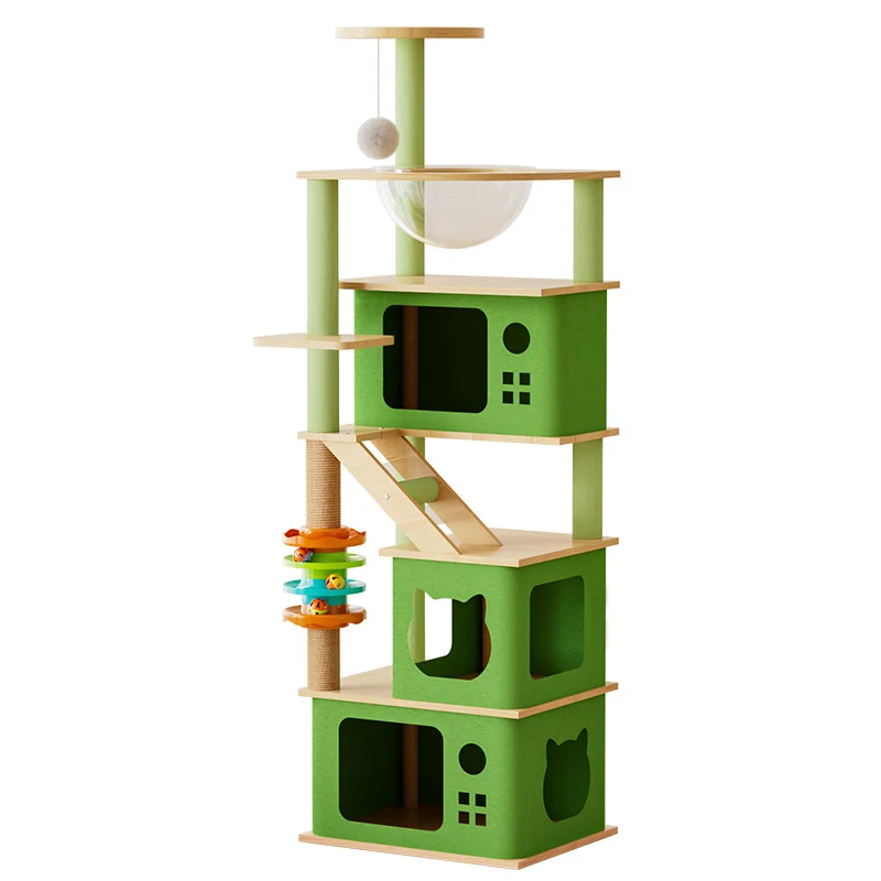 Katzenbaum Groß, Katzenkratzbaum für Mehrere Katzen mit Spielzeug, Stabiles Design mit Katzenhöhlen, grün