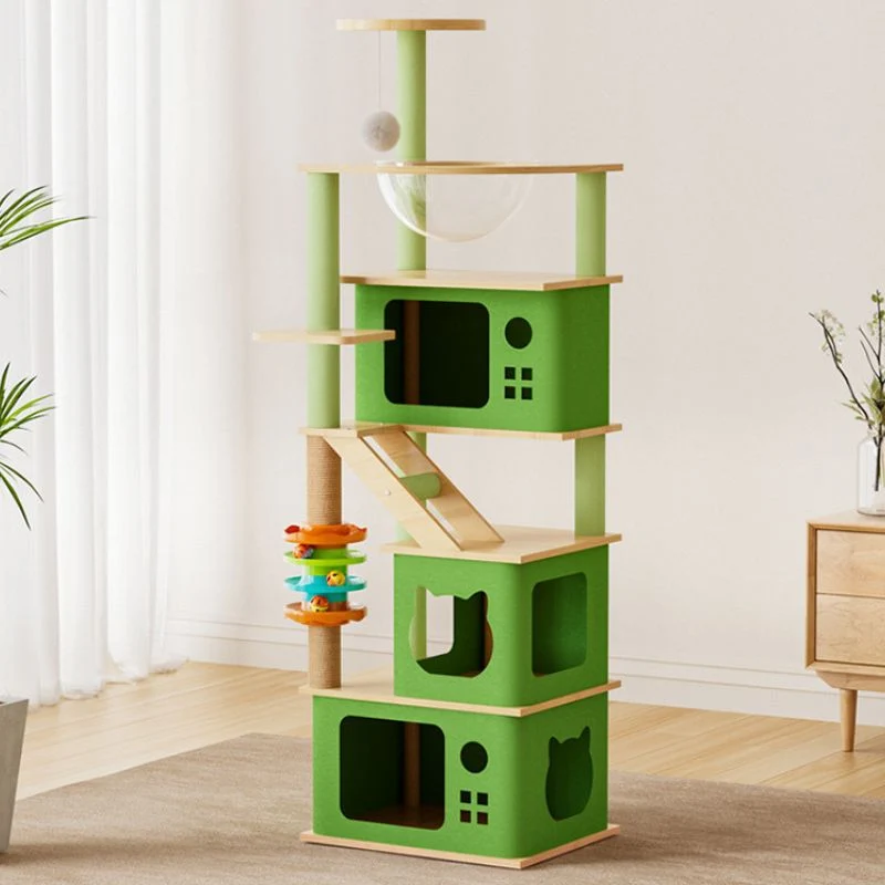 Katzenbaum Groß, Katzenkratzbaum für Mehrere Katzen mit Spielzeug, Stabiles Design mit Katzenhöhlen, grün