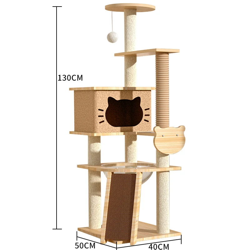 Katzenbaum, Katzenbaum aus Holz mit Raumkapsel und kratzbrett, Stabiler Katzenmöbel, 130cm, hellbraun