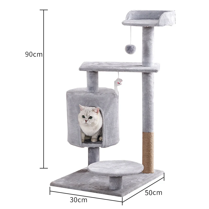 Katzenbaum, Stabiler Kletterbaum, mit Plüsch Höhle und Plüschball, Hellgrau, Platzsparend
