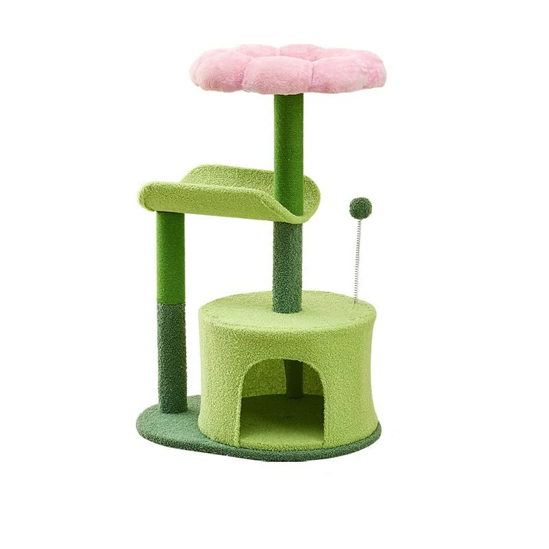 Katzenbaum, Katzenbaum Klein mit Spielzeug, Blume Förmigen Plattformen, Grün und Rosa, 85cm Höhe