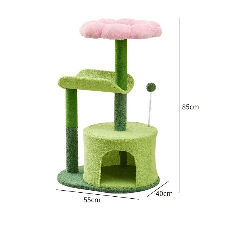 Katzenbaum, Katzenbaum Klein mit Spielzeug, Blume Förmigen Plattformen, Grün und Rosa, 85cm Höhe