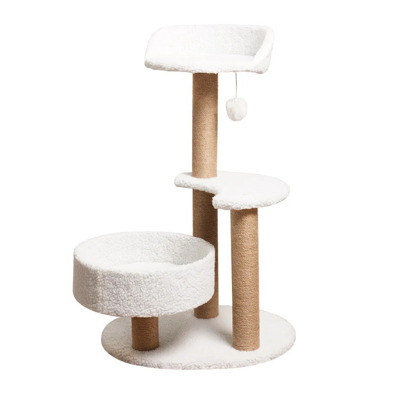 Katzen Baume, mit Sprungplattform, Leichter Aufbau, Ideal für aktive Katzen, Stabiler und platzsparender Kratzbaum, Weiß