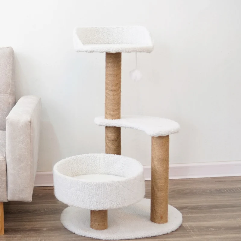 Katzen Baume, mit Sprungplattform, Leichter Aufbau, Ideal für aktive Katzen, Stabiler und platzsparender Kratzbaum, Weiß