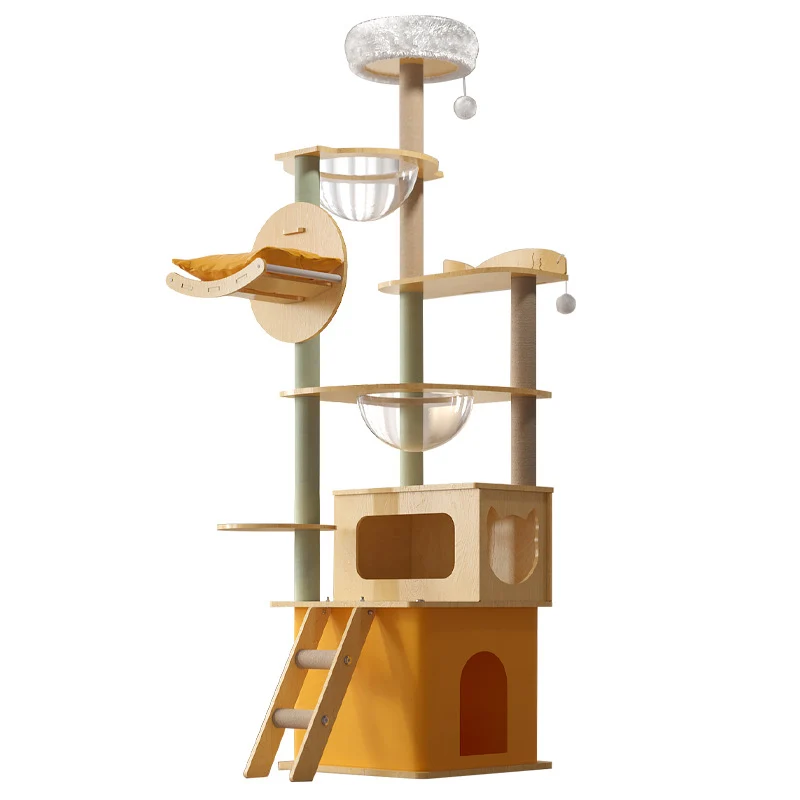 Katzenbaum aus Holz, Stabiler Holzrahmen mit Raumkapseln und Hängematte, Sicherer Kletterturm für Groß und Klein, Gelb oder Grün