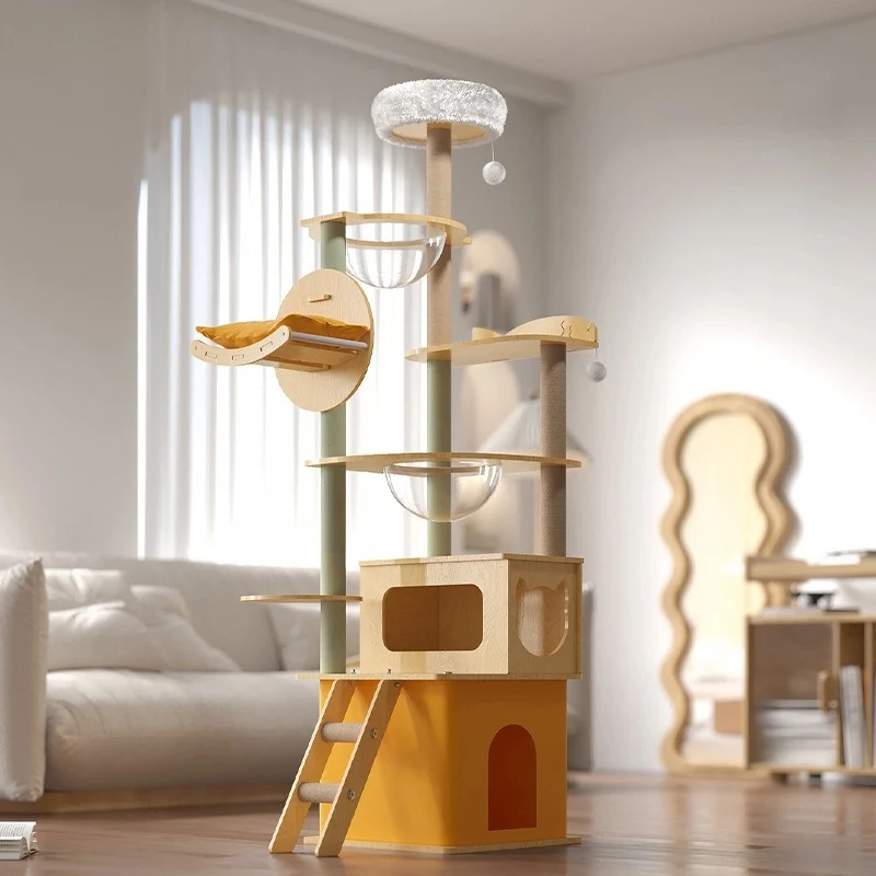 Katzenbaum aus Holz, Stabiler Holzrahmen mit Raumkapseln und Hängematte, Sicherer Kletterturm für Groß und Klein, Gelb oder Grün