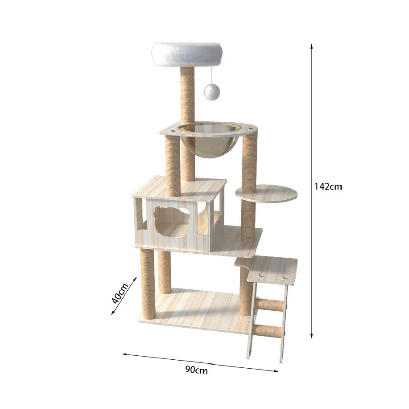 Luxus Katzenbaum, Grosse Katzenbaum 142cm, Multifunktionaler Katzenspielplatz, Eingebautes Katzenbett