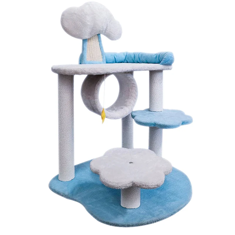Cat Tree, Katzenbaum mit Liegeflächen, Wolken Design Spielplattform, Katzenmöbel aus Massivholz, Weiß und Blau