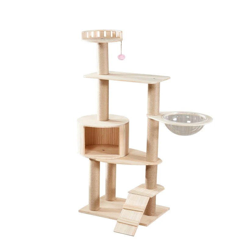 Katzenbaum Holz, Mehrstufiger Kratzbaum aus hochwertigem Holz, gemütlichem Katzenhaus & -höhlen, für Spiel und Entspannung