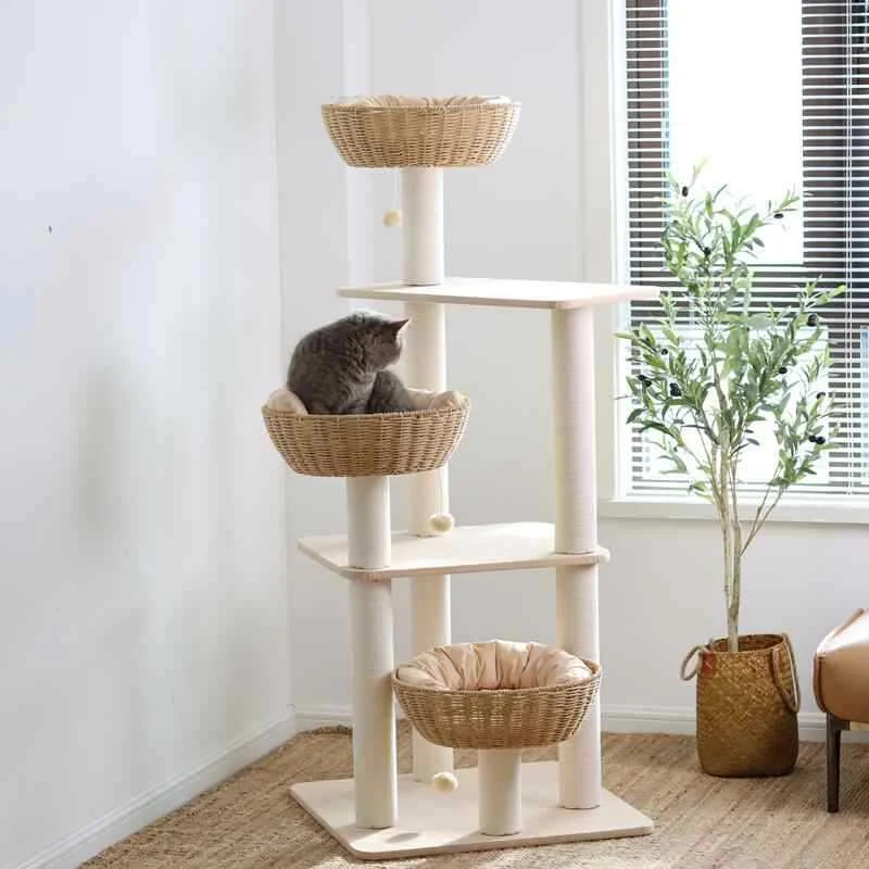 Katzenbaum für große Katzen, Katzenbett flechten, Stoffmaterial Kratzbaum, Katzenhöhlen & Spielplätze für mehrere Katzen