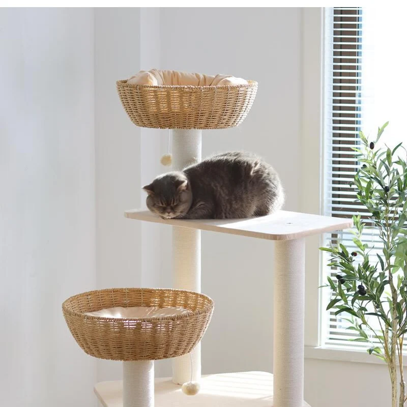 Katzenbaum für große Katzen, Katzenbett flechten, Stoffmaterial Kratzbaum, Katzenhöhlen & Spielplätze für mehrere Katzen