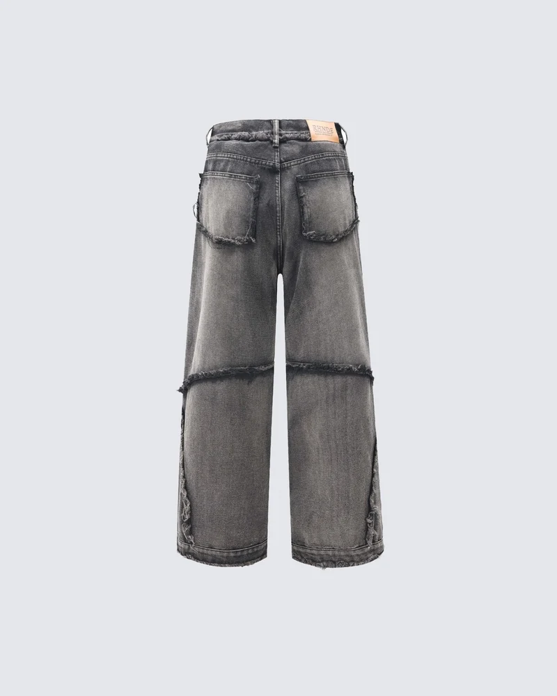 Deconstructed Frayed Edge Wide-Leg Jeans
