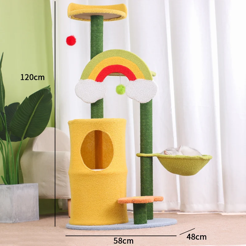 Katzenbaum für große Katzen, Regenbogen Katzen-Kletterbaum mit doppeltem Katzenloch & Katzenball, ideal für Mehrkatzenhaushalte