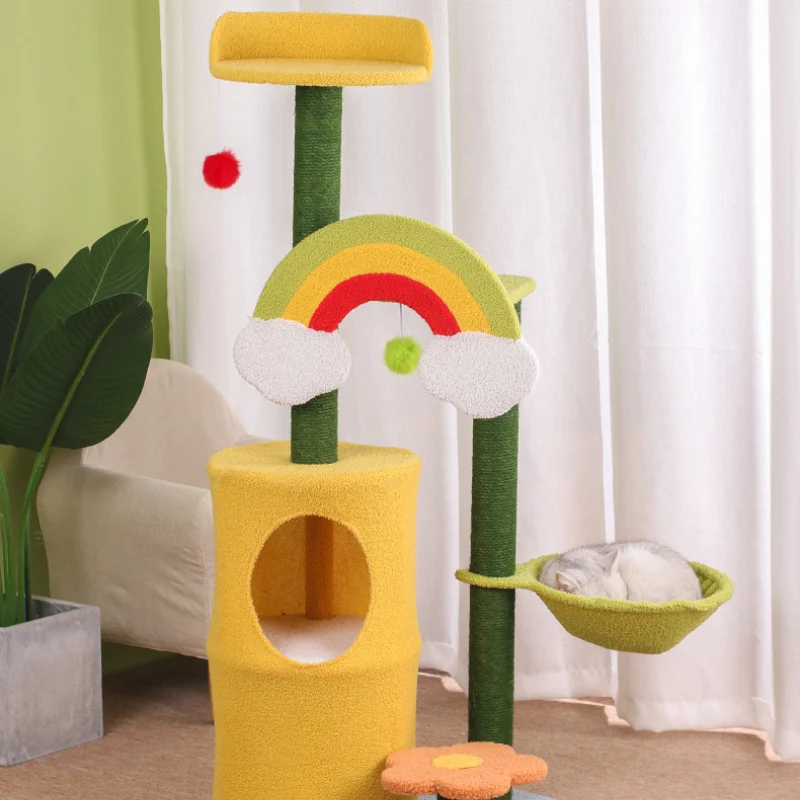 Katzenbaum für große Katzen, Regenbogen Katzen-Kletterbaum mit doppeltem Katzenloch & Katzenball, ideal für Mehrkatzenhaushalte