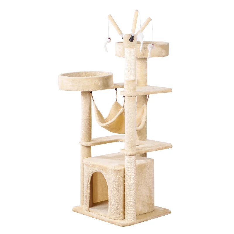 Katzenbaum groß, Beige Luxus Mehrschichtig Katzenkratzbaum mit zahlreichen Spielmöglichkeiten, für Spielen & Entspannen