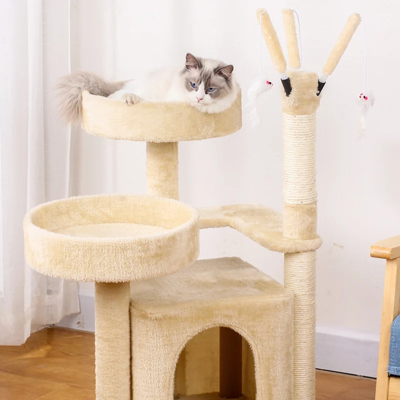 Katzenbaum groß, Beige Luxus Mehrschichtig Katzenkratzbaum mit zahlreichen Spielmöglichkeiten, für Spielen & Entspannen