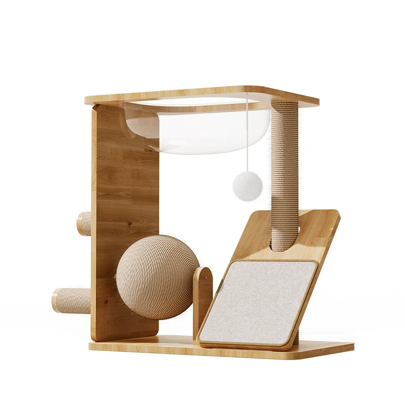 Katzenbaum Holz, Massivholz Katzenkratzbaum mit großem, rotierender Sisalball für Katzen & Elliptische Raumkapsel Für Katzen