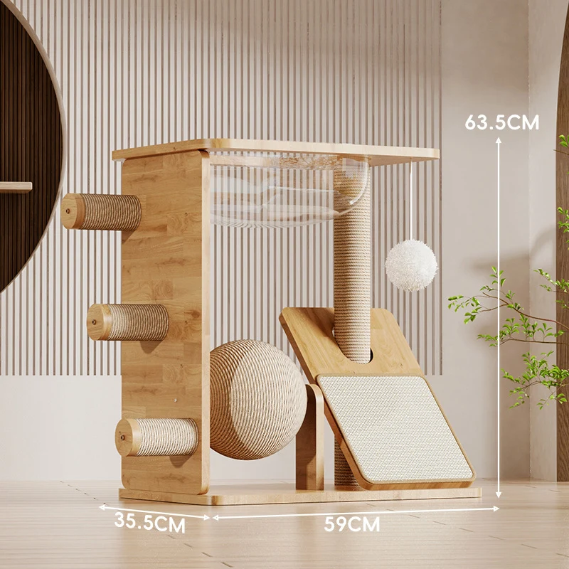 Katzenbaum Holz, Massivholz Katzenkratzbaum mit großem, rotierender Sisalball für Katzen & Elliptische Raumkapsel Für Katzen