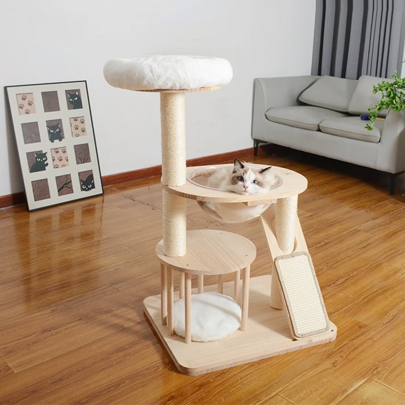 Katzenbaum Holz, Stabiler Kratzbaum aus Massivholz, Sisal-kratzbrett, Drei Ebenen Katzenbett, Ideal für Mehrkatzenhaushalte